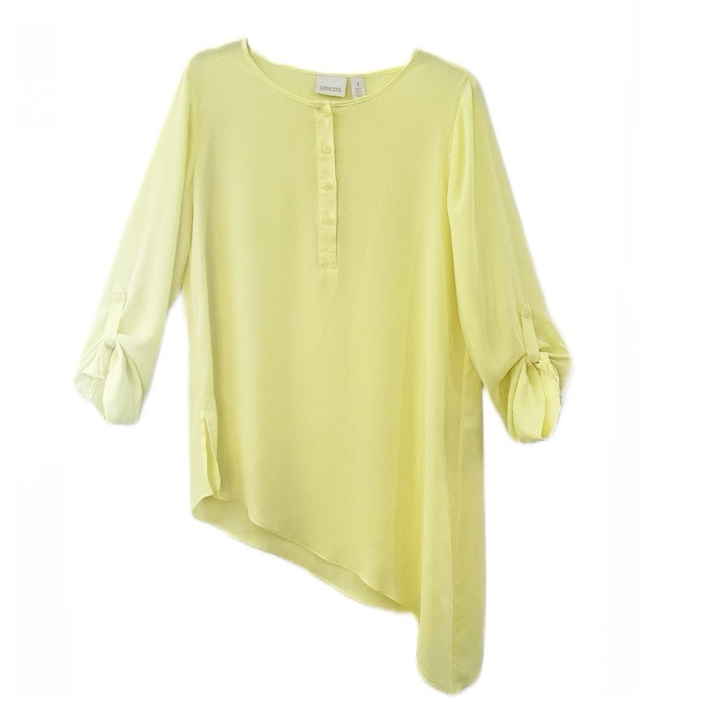 Chico's Popover Top Blouseโ Yellow Asymmetrical Hem Tab Sleeve Women's Size 1
